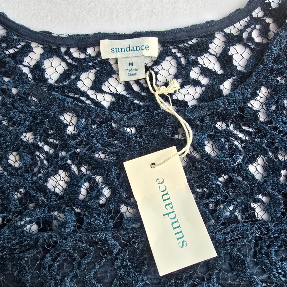 Sundance NWT -1755 Teal Blue Floral Lace Long Sleeve Lined Top Boat Neck Medium - Picture 5 of 9